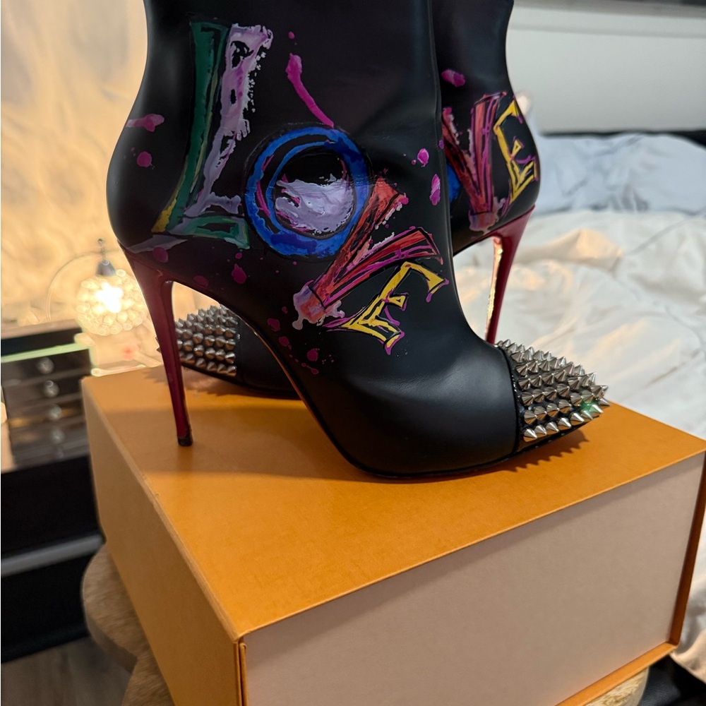 Christian Louboutin Black Heeled Boots with Colorful Love Design